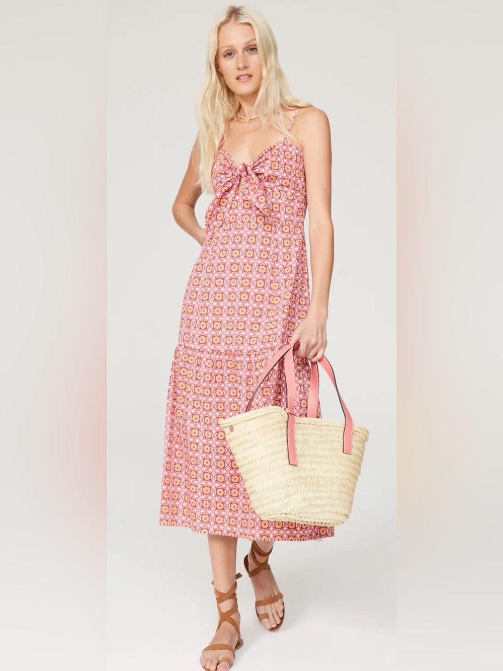 Minkpink Jeeta Pink Patterned Midi Strappy Sun Dress Knot Bow Front M Medium